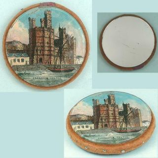 Antique Reverse Painted Glass Pin Cushion Carnavon Castle In Wales Circa1850
