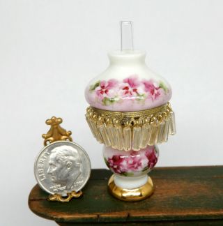 Vintage Ni - Glo Pink Pansy Hurricane Lamp W Glass Fringe Dollhouse Miniature 1:12