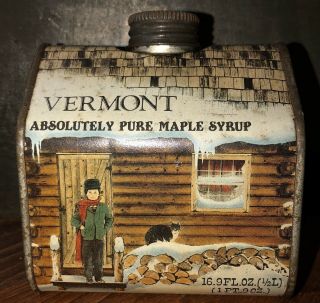 Vintage Vermont Absolutely Pure Maple Syrup 16.  9 Oz.  Log Cabin Tin Empty 1984