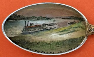 Rare Painted River Scene Ironton Ohio Sterling Silver Souvenir Spoon