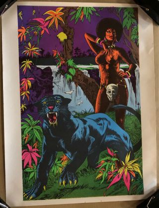 Vintage Blacklight Poster Woman & Panther 1970’s Afro Psychedelic Pinup