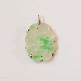 Vintage Silver 925 And White And Green Jade Necklace Pendant Flower