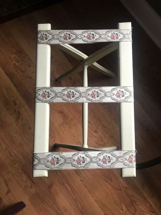 Vtg.  Scheibe White Wood Folding Luggage Rack Suitcase Stand W/ Tapestry Straps