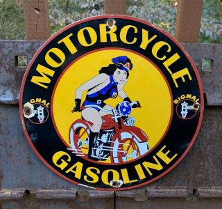 Vintage Signal Gasoline Motorcycle Pinup Girl Porcelain Sign Pump Plate