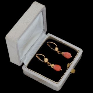 Antique Vintage Deco 18k Yellow Gold Italian Carved Salmon Coral Drop Earrings