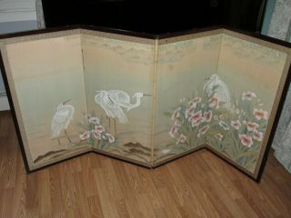 Vintage Oriental Hand Painted Four Panel Folding Screen Japanese? Storks 70 " X35 "