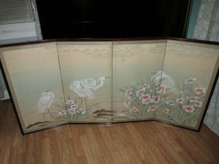 Vintage Oriental Hand Painted FOUR PANEL FOLDING SCREEN Japanese? Storks 70 