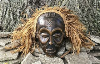 Vintage African Hand Carved Wood Tribal Mask Raffia Hair