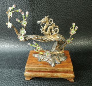 Antique Chinese Export Enamel Sterling Silver Dragon On Apple Tree Paperweight