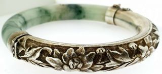 Antique Chinese Export Sterling Silver Repousse Jadeite Jade Bangle Bracelet Wow