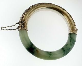 Antique Chinese Export Sterling Silver Repousse Jadeite Jade Bangle Bracelet WOW 2