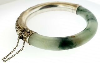 Antique Chinese Export Sterling Silver Repousse Jadeite Jade Bangle Bracelet WOW 3