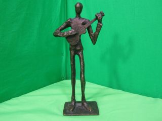 Rare & Vintage Cast Bronze Brutalist Sculpture Guitar Player Statue 7.  5 " Tall