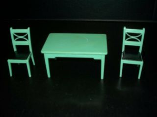 Vintage Renwal Jadite Green & Black Kitchen Table & Chairs Dollhouse Furniture