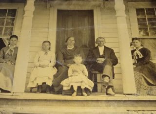 1860 ' s FULL PLATE Tintype Antique PHOTO Family House FRONT PORCH DOOR Woman Man 2