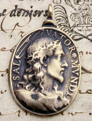 Antique 17th Century Jesus Salvator Mundi & Saint Francis Of Paola Bronze Medal