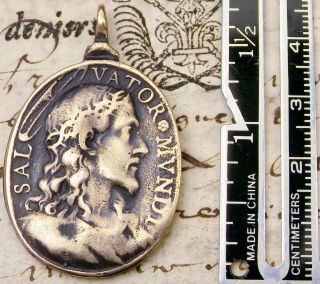 Antique 17th Century Jesus Salvator Mundi & Saint Francis of Paola Bronze Medal 3