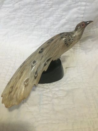 Vintage Natural Horn Hand Carved Peacock Bird Art Sculpture Wood Base