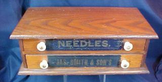 Antique Oak Two Drawer Needle Cabinet Jas.  Smith & Son 