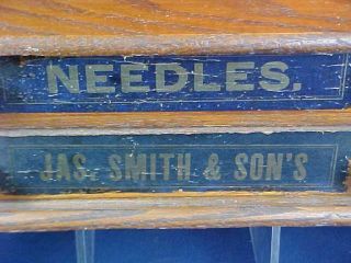 Antique Oak Two Drawer Needle Cabinet Jas.  Smith & Son ' s Needles Porcelain Knobs 2