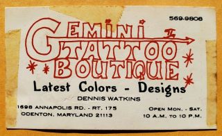 Vintage 60s Tattoo Business Card Dennis Watkins Charlie Geizer Baltimore Md
