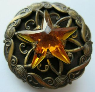 Incredible Xl Antique Vtg Bakelite Button W/ Brass Metal & Amber Glass Star (r)