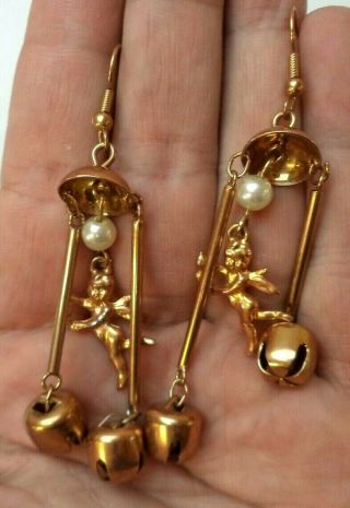 Stunning Vintage Estate Angel Cherub Gold Tone 3 " Pierced Earrings 2673j