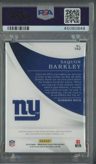 2018 Immaculate Saquon Barkley Giants RPA RC Rookie Patch AUTO 99/99 PSA 9 POP 1 2