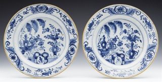 Pair Antique Dutch Delft Blue And White Floral Design Plates 18th C.
