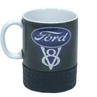 Vintage Ford V8 Coffee Mug 16 Oz Cup Open Roads Brand Retro Rubber Tire Cover