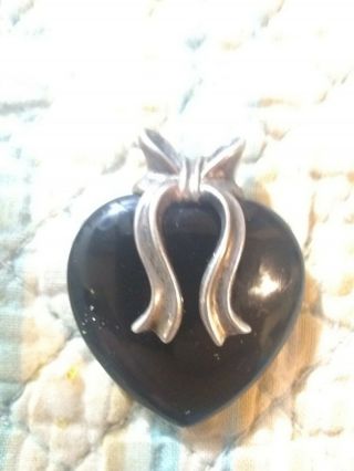 Sterling Silver And Onyx Heart Pendant Vintage