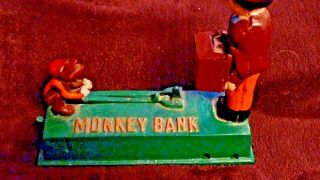Vintage Cast Iron Monkey Mechanical Coin Bank Organ Grinder Functional