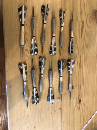 12 Vintage Wooden Darts Sportscraft Turkey Feathers 03212