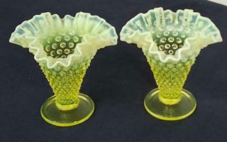 2 Vintage Fenton Glass Yellow Topaz Opalescent Ruffled Vaseline Hobnail Vases