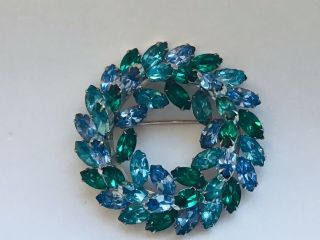 Vintage Signed Weiss Aqua,  Baby Blue,  Emerald Green Rhinestone Wreath Brooch