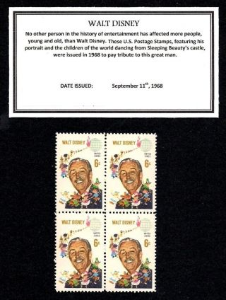 Vintage 47 - Year - Old Walt Disney United States Postage Stamps Block Of Four S5