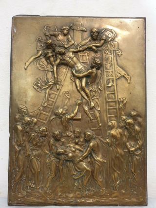 19th Century Solid Heavy Hot Cast Bronze Relief Panel Plaque Of The Crucifixion