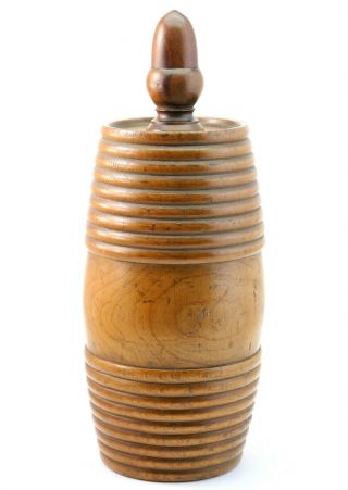 C1850,  Rare Massive Antique 19thc Fruit Wood Treen Barrel Form Gun Powder Flask