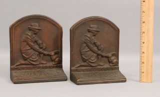 Rare Pair Antique 1930s Bronzed Cast Iron A Girl Scout Rabbit Bookends