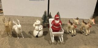 Vintage Hard Plastic Santa,  Sleigh,  Reindeer And 3 Wire Trees Christmas Decor