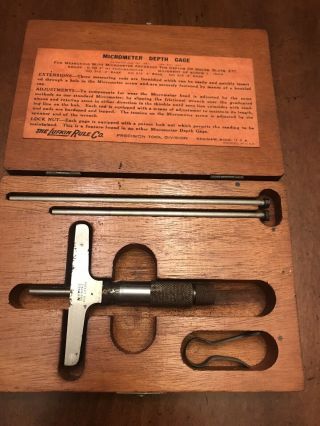 Vintage Lufkin 212 Micrometer Depth Gauge Wood Case With Tool 0 - 3 " Set