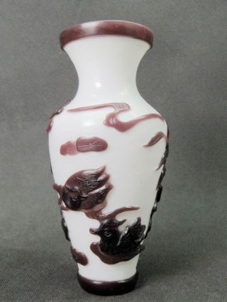 Chinese Mandarin Duck Lotus Flower Carved Peking Overlay Glass Vase