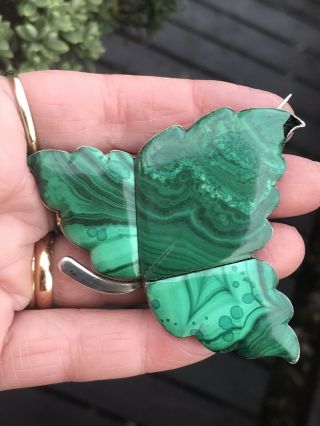 Unusual Large Antique Heavy Sterling Silver Malachite Ivy Leaf Brooch/pin A/f