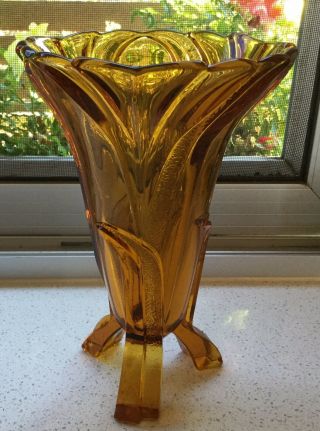 Vase - Art Deco - Amber Glass - Standing On Three Legs - Vintage / Antique/estate