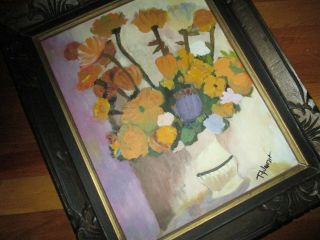 Vintage Signed Oil Painting Still Life Impression Of Flowers In Vase Beautifuly