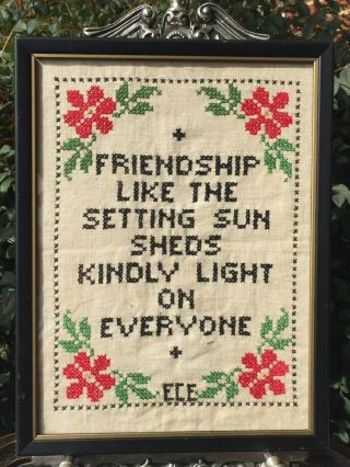 Antique Vintage Framed Cross Stitch Sampler Friendship