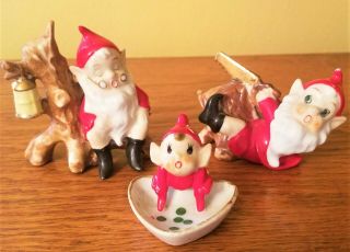 (3) Small Vintage Porcelain Christmas Santa Elves Pixies Figurines Made In Japan