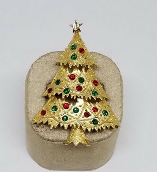 Vintage Estate Gold Tone Rhinestone Christmas Tree Pin Brooch