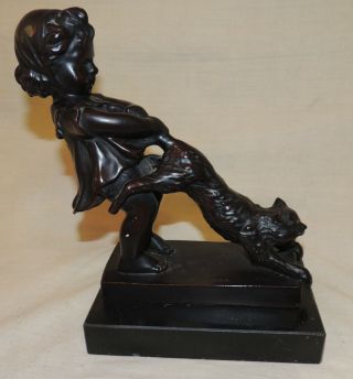 Small 19th Century Whimsical Antique Bronze Child Playing W Cat By Juan Clara