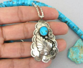 Large 1.  75 " Vintage Navajo Turquoise Sterling Silver Pendant 24 3/8th " Necklace